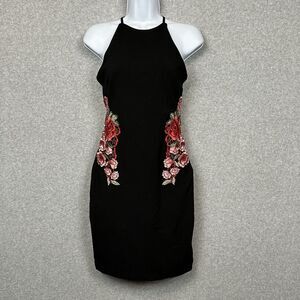 Bisou Bisou Michele Bohbot Mini‎ Halter Dress Size 2 Black Embroidered Roses